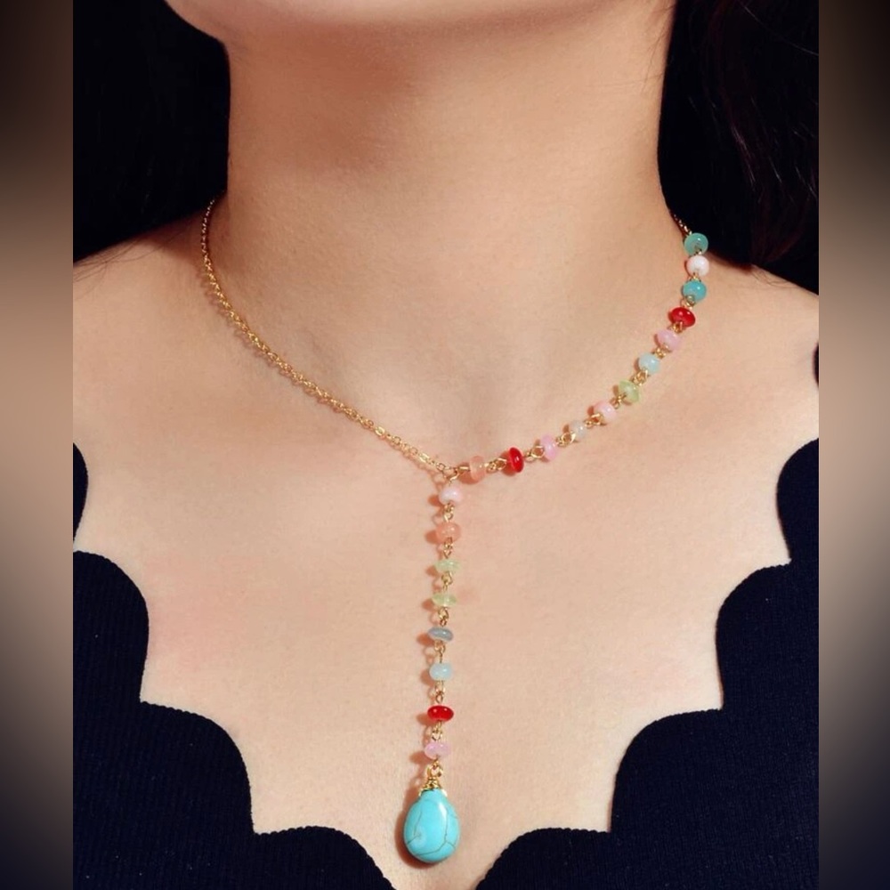 Turquoise Crackle Teardrop Crystal Bead Gold Necklace